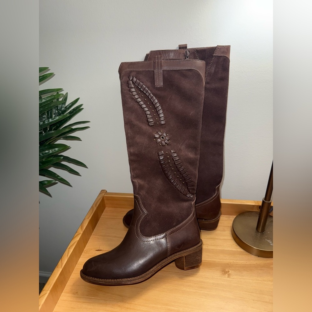 Brioso Sedona Leather and Suede Whipstitch Tall Shaft Boots 6